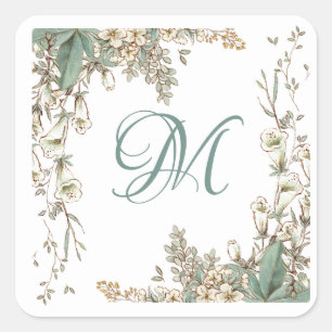 Greenery Floral Garland Script Monogram Elegant Quadratischer Aufkleber