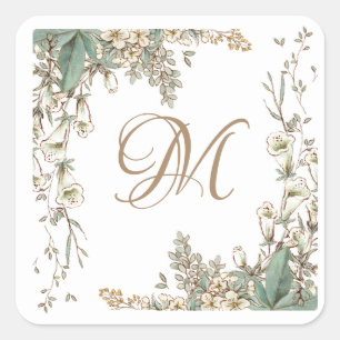 Greenery Floral Garland Script Monogram Elegant Quadratischer Aufkleber
