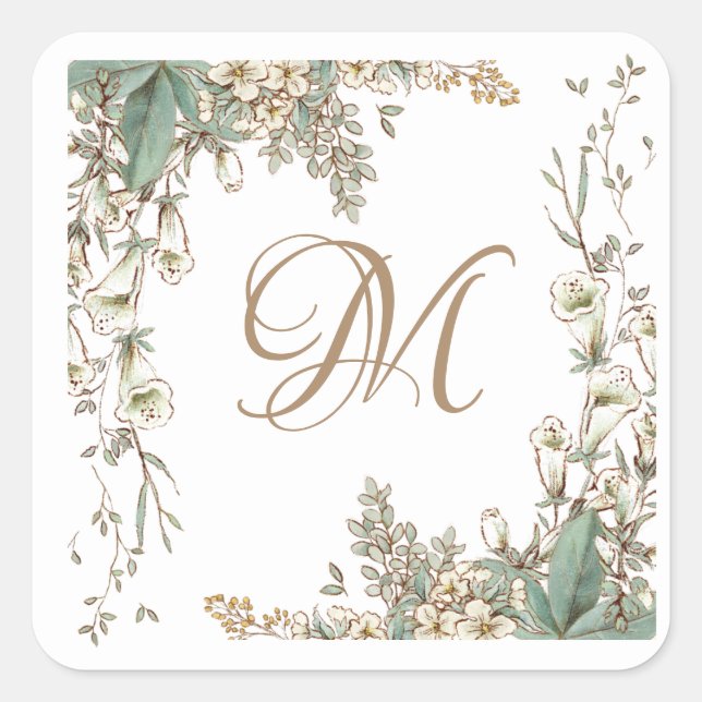 Greenery Floral Garland Script Monogram Elegant Quadratischer Aufkleber (Vorderseite)