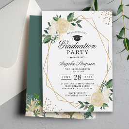 Greenery Floral Gold Geometric Graduation Party Einladung