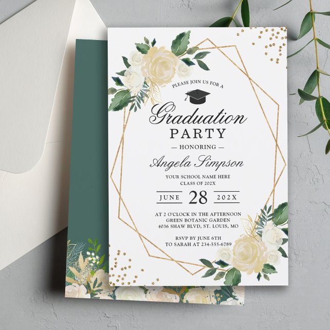 Greenery Floral Gold Geometric Graduation Party Einladung (Von Creator hochgeladen)