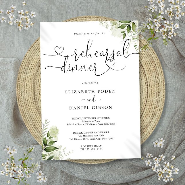 Greenery Floral Heart Script Probe Dinner Einladung (Greenery Floral Heart Script Rehearsal Dinner Invitation)