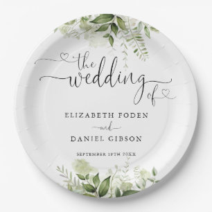 Greenery Floral Heart Script Wedding Pappteller