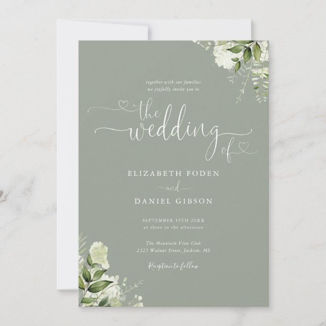 Greenery Floral Hearts Script Sage Green Wedding Einladung (Vorderseite)