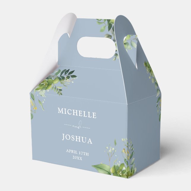 Greenery Floral Modern Dusty Blue Wedding Geschenkschachtel (Rückseite)