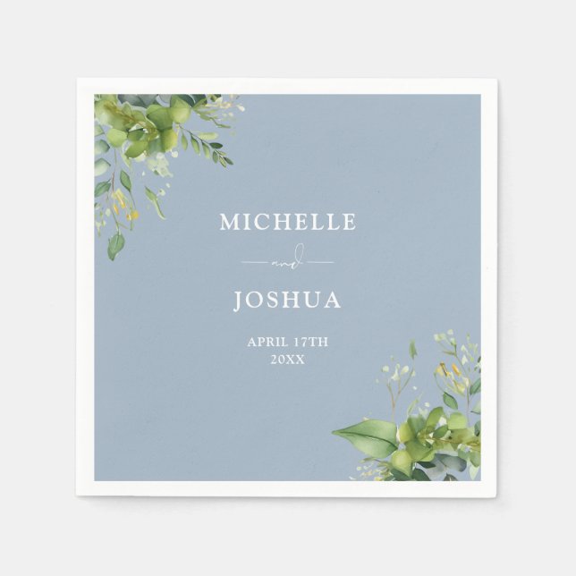 Greenery Floral Modern Dusty Blue Wedding Serviette (Vorderseite)