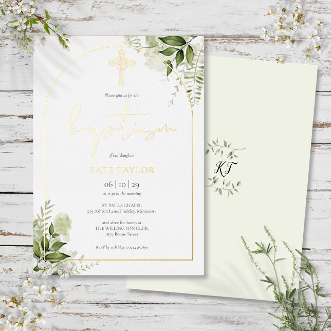 Greenery Floral Monogram Baptism Arch Gold Folieneinladung (Greenery Floral Monogram Baptism Arch Gold Foil Invitation)