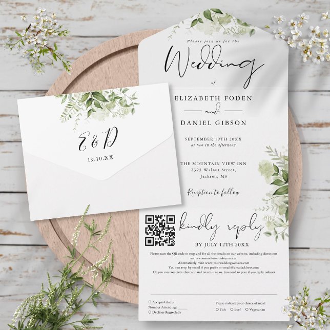 Greenery Floral Monogram QR Code Wedding All In One Einladung (Greenery Floral Monogram QR Code Wedding All In One Invitation)