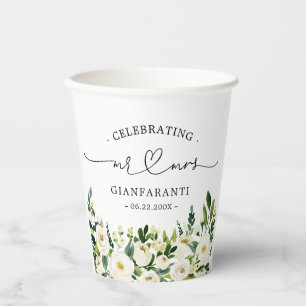 Greenery Floral Mr. und Mrs. Heart Script Wedding Pappbecher
