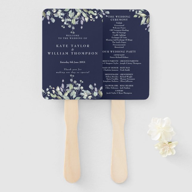 Greenery Floral Navy Blue Wedding Program Fächer (Vorne und Hinten)
