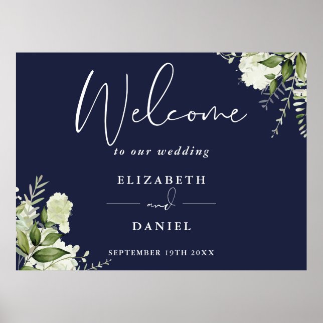 Greenery Floral Navy Blue Wedding Welcome Sign Poster (Vorne)