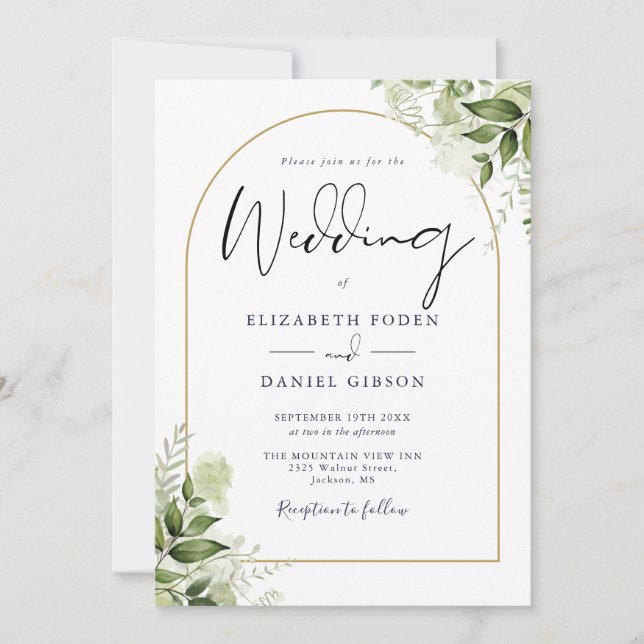 Greenery Floral QR Code Gold Arch Wedding Einladung (Vorderseite)