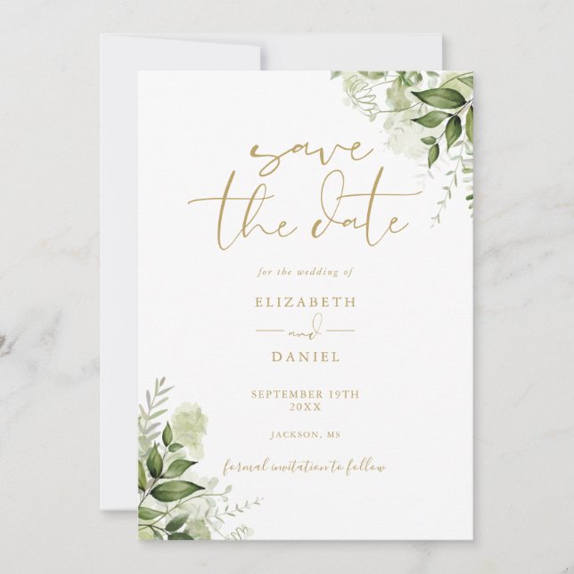 Greenery Floral QR Code Gold Wedding Save The Date (Vorderseite)