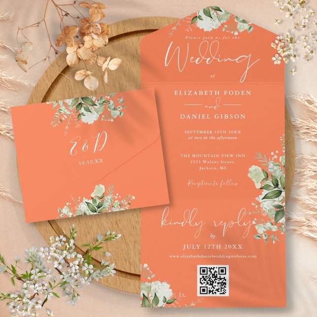 Greenery Floral QR Code Monogram Coral Wedding All In One Einladung (Greenery Floral QR Code Monogram Coral Wedding All In One Invitation)