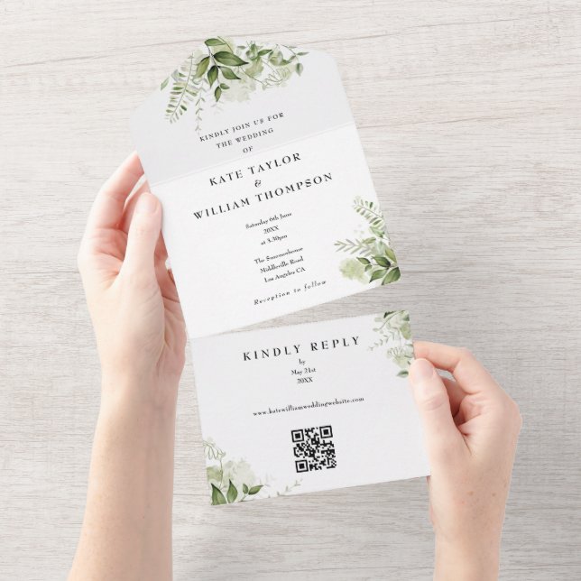 Greenery Floral QR Code Monogram Wedding All In One Einladung (Abreißen)