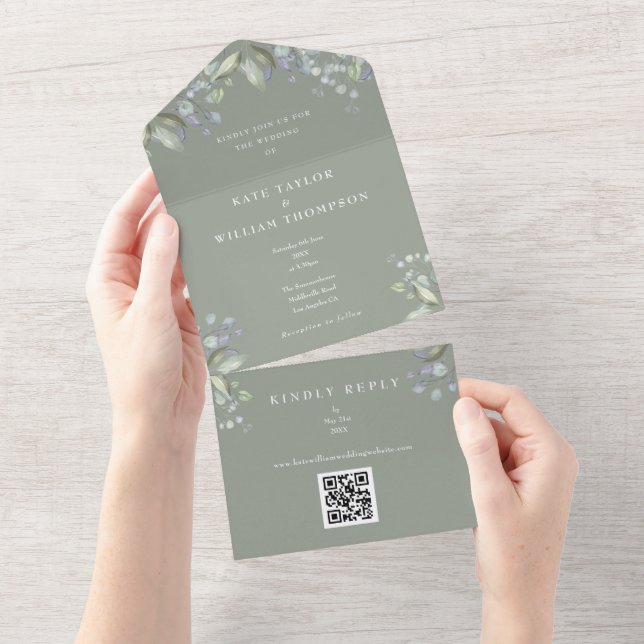 Greenery Floral QR Code Sage Green Wedding All In One Einladung (Abreißen)