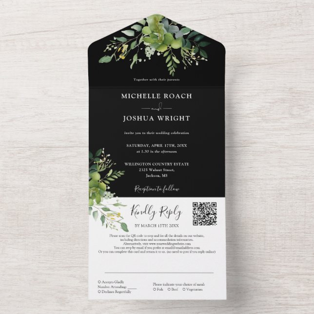 Greenery Floral QR Code Schwarz-Weiß Hochzeit All In One Einladung (Innen Boden)