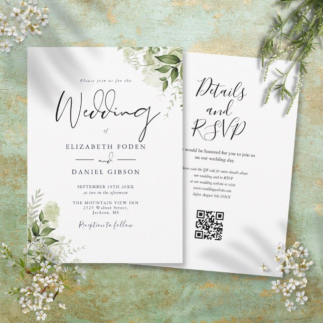 Greenery Floral QR Code Script Wedding Einladung (Greenery Floral QR Code Script Wedding Invitation)