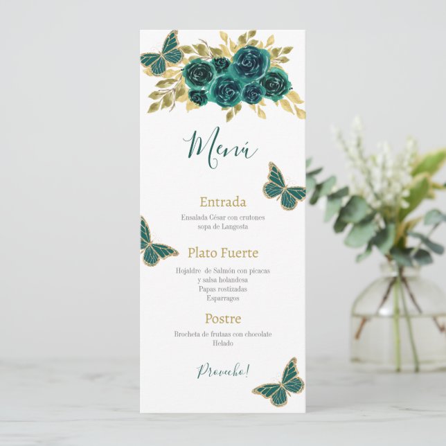 Greenery Floral Quinceañera Menükarte (Stehend Vorderseite)