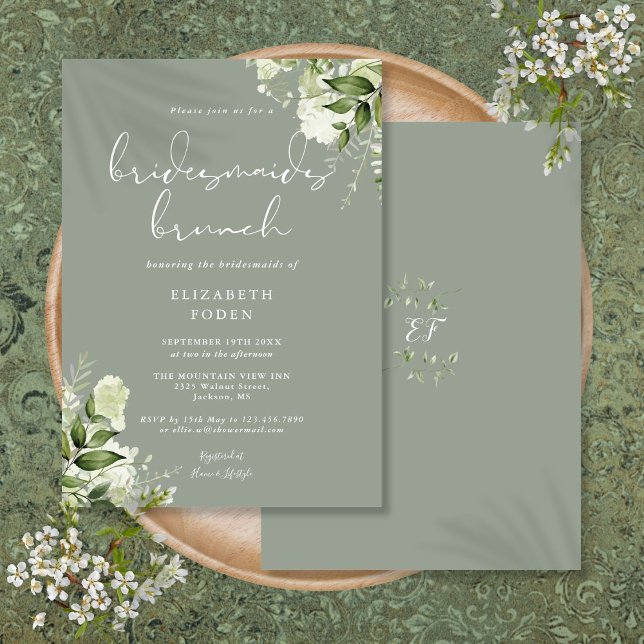 Greenery Floral Sage Green Bridesmaids Brunch Einladung (Greenery Floral Sage Green Bridesmaids Brunch Invitation)