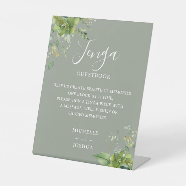 Greenery Floral Sage Green Jenga Wedding Gästebuch Sockelschild (Vorderseite)