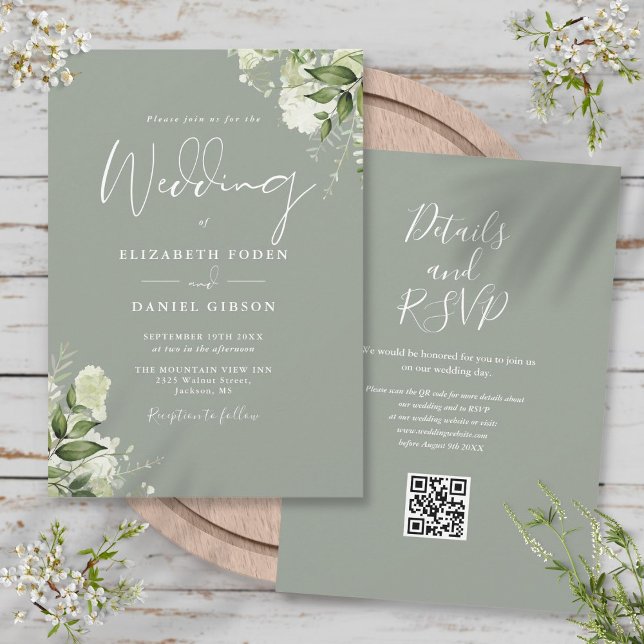 Greenery Floral Sage Green QR Code Hochzeit Einladung (Greenery Floral Sage Green QR Code Wedding Invitation)