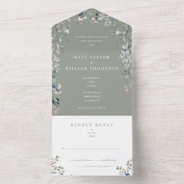 Greenery Floral Sage Green Wedding All In One Einladung (Innen Boden)