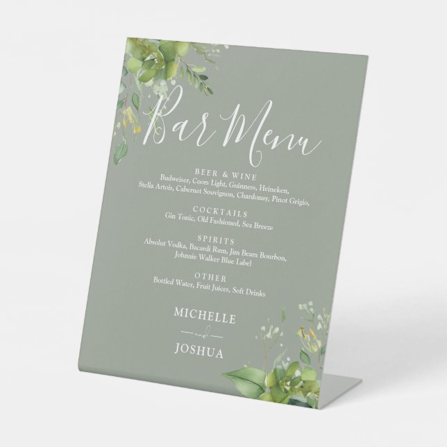 Greenery Floral Sage Green Wedding Bar Menu Sockelschild (Vorderseite)