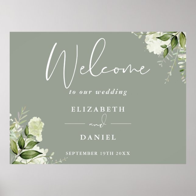 Greenery Floral Sage Green Wedding Welcome Sign Poster (Vorne)