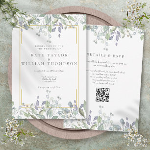 Greenery Floral Sage Lilac QR Code Wedding Einladung