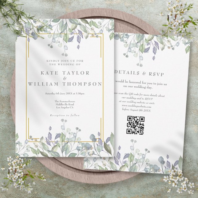 Greenery Floral Sage Lilac QR Code Wedding Einladung (Greenery Floral Sage Lilac QR Code Wedding Invitation)