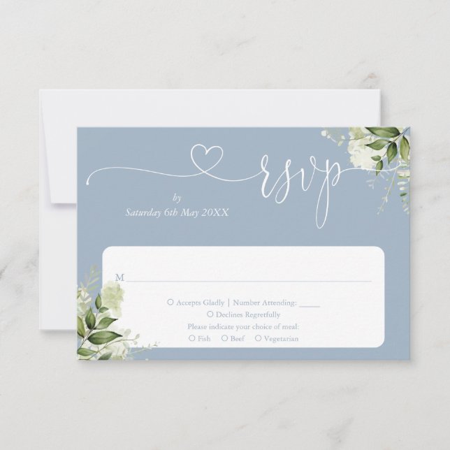 Greenery Floral Script Heart Dusty Blue RSVP Karte (Vorderseite)