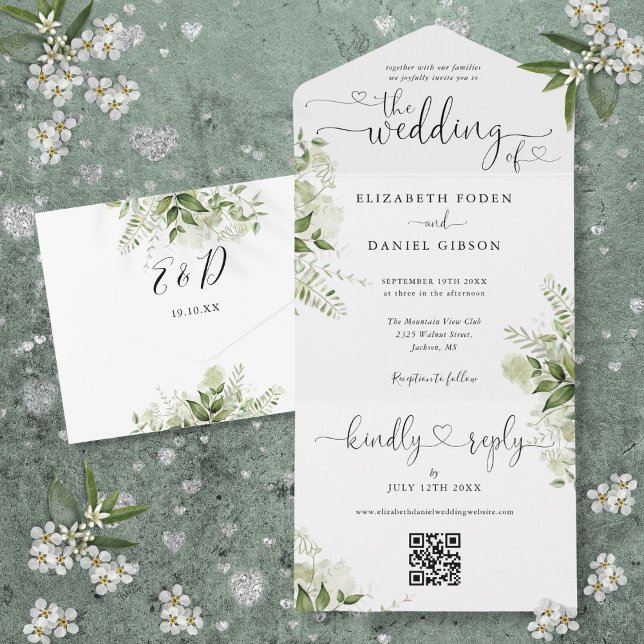 Greenery Floral Script Hearts QR Code Wedding All In One Einladung (Greenery Floral Script Hearts QR Code Wedding All In One Invitation)