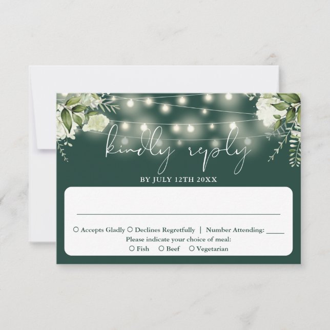Greenery floral string Lights Emerald Wedding RSVP Karte (Vorderseite)
