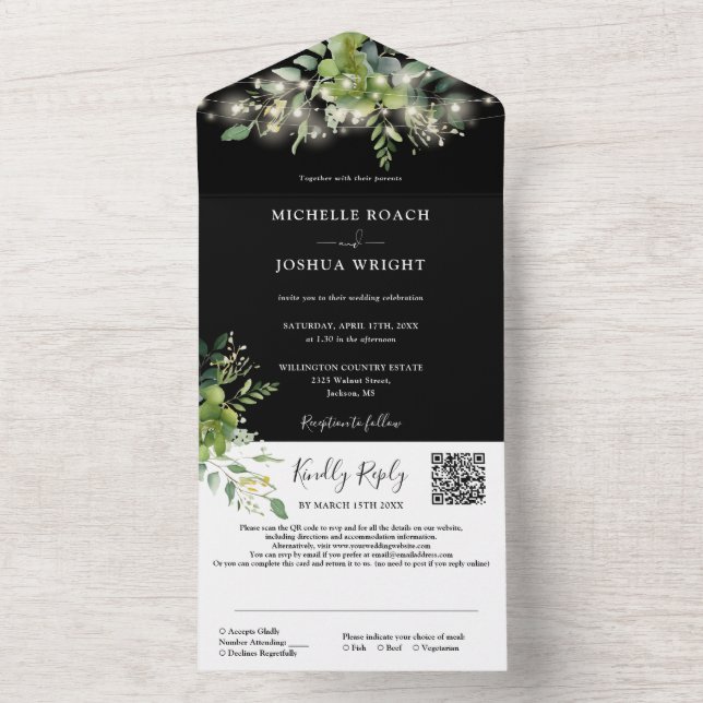 Greenery Floral String Lights QR Code Wedding All In One Einladung (Innen Boden)