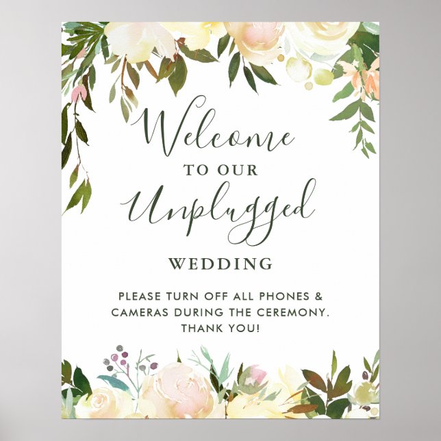 Greenery Floral Unplugged Wedding Ceremony Sign Poster (Vorne)