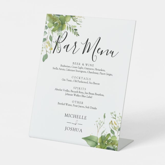 Greenery Floral Wedding Bar Menu Sockelschild (Vorderseite)