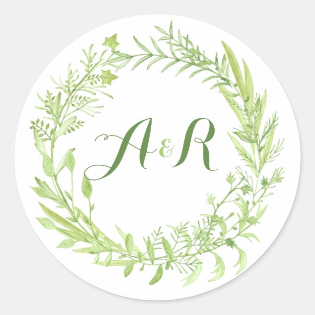 Greenery Floral Wreath Monogram Wedding Runder Aufkleber (Vorderseite)