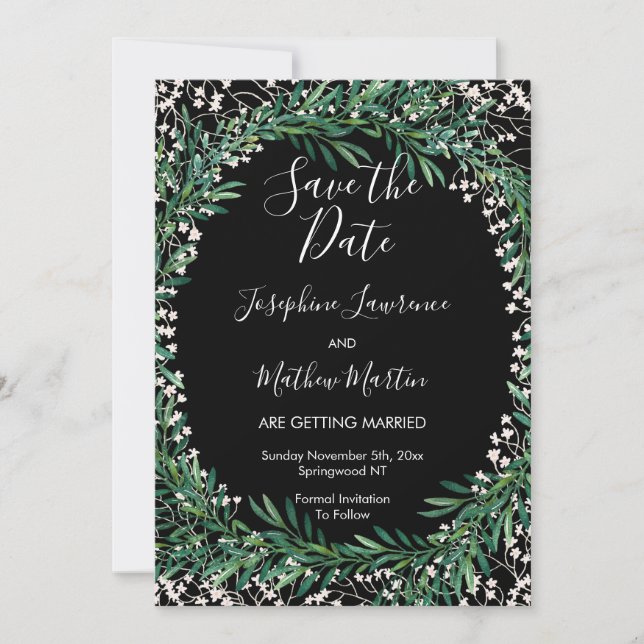 Greenery & Florets Black Save the Date Einladung (Vorderseite)