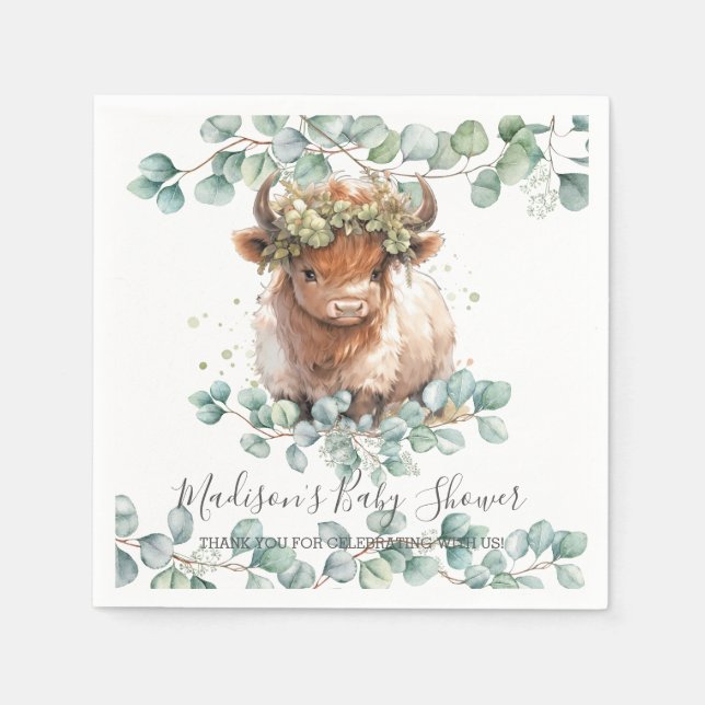 Greenery Fluffy Highland Cow Baby Shower Geburtsta Serviette (Vorderseite)