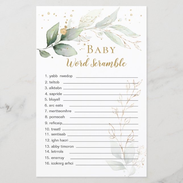 Greenery Foliage Baby Word Scramble Paper Sheet (Vorderseite)