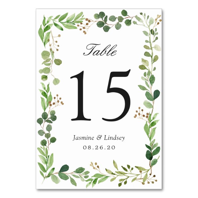 Greenery Foliage Blätter Border Frame Wedding Tischnummer (Vorderseite)