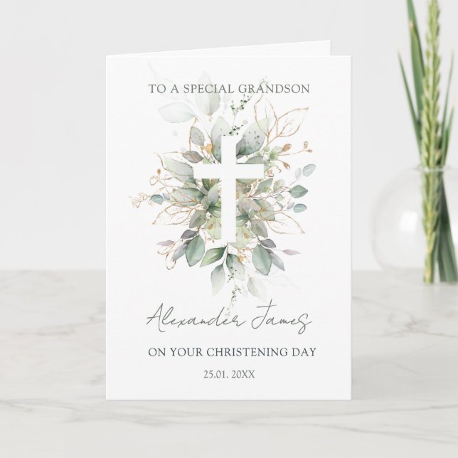 Greenery Foliage Cross Christening  Karte (Vorderseite)