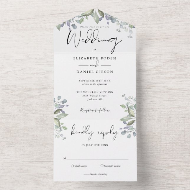 Greenery Foliage Elegante Script Wedding All In One Einladung (Innen Boden)