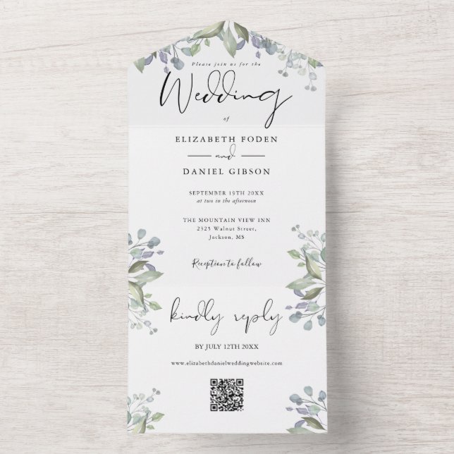 Greenery Foliage Elegantes Skript QR Code Wedding All In One Einladung (Innen Boden)