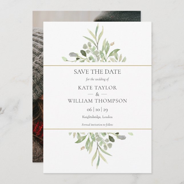 Greenery Foliage Gold Geometric Foto Wedding Save The Date (Vorne/Hinten)