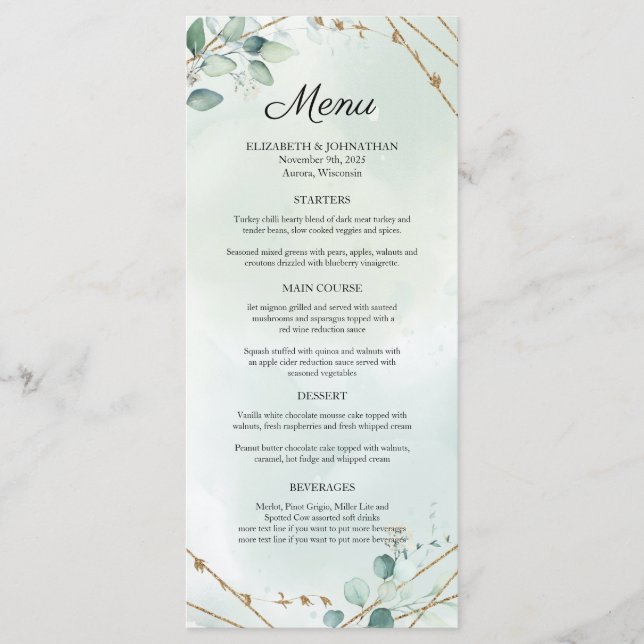 Greenery Foliage Gold Geometric Frame Wedding Menükarte (Vorderseite)