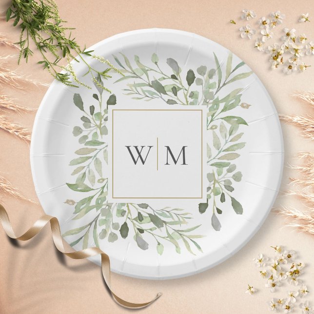 Greenery Foliage Gold Monogram Wedding Paper Plate Pappteller (Von Creator hochgeladen)