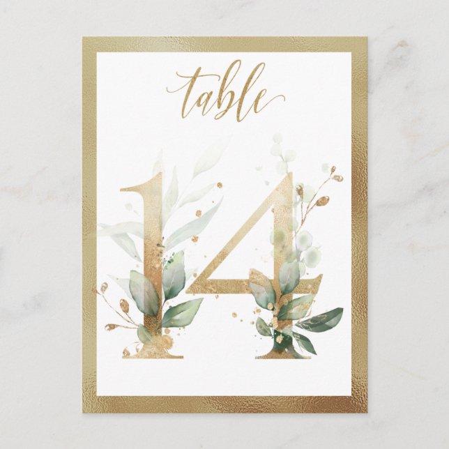 Greenery Foliage Gold Tischnummern, Tabelle 14 Kar Postkarte (Vorderseite)