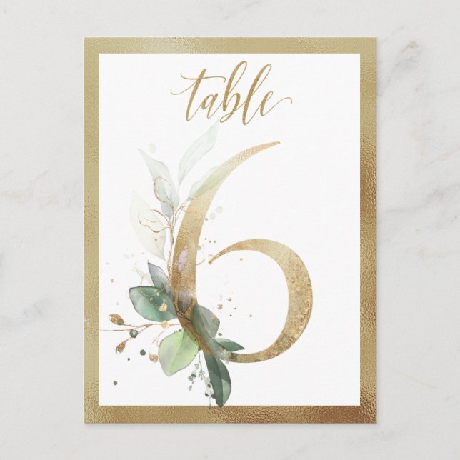 Greenery Foliage Gold Tischnummern, Tabelle 6 Kart Postkarte (Vorderseite)